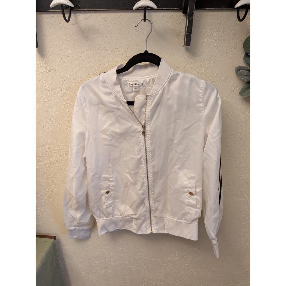 Say What Bomber‎ Jacket White Black Stripe Sleeve Zip Up Women's Medium